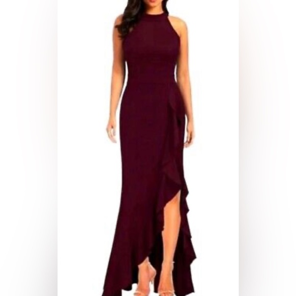 Woosea Dresses & Skirts - NWT Woosea Burgundy Sleeveless Halter Mermaid Long Dress Ruffle Slit Front